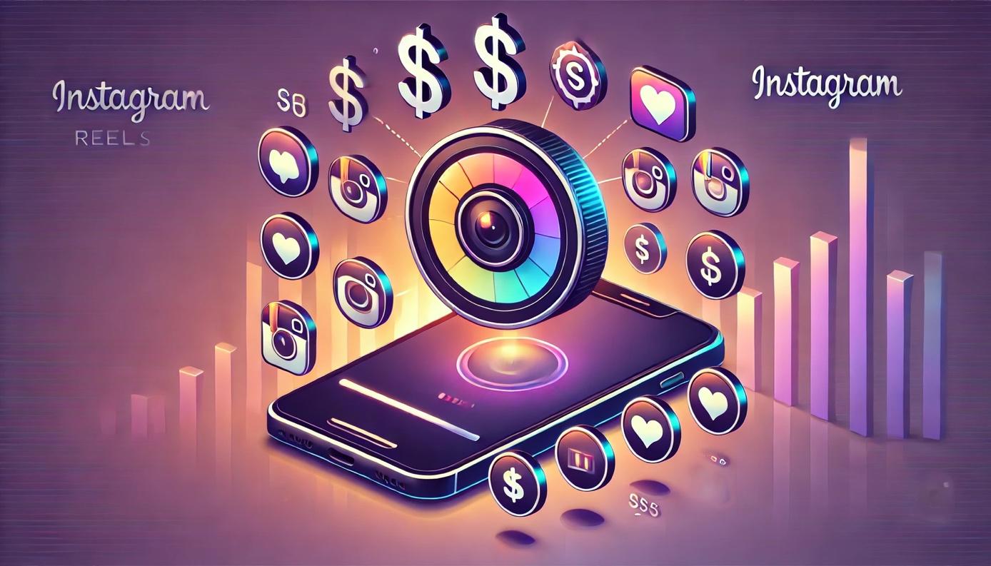 A sleek and professional illustration representing Instagram Reels monetization. The image features a smartphone with an Instagram Reel playing, surrounded by dollar signs, likes, and views icons, symbolizing earnings and engagement. The background is a gradient in Instagram’s signature colors of purple, pink, and orange. The design is clean and visually appealing, perfect for a digital marketing article about earning money through Instagram Reels.